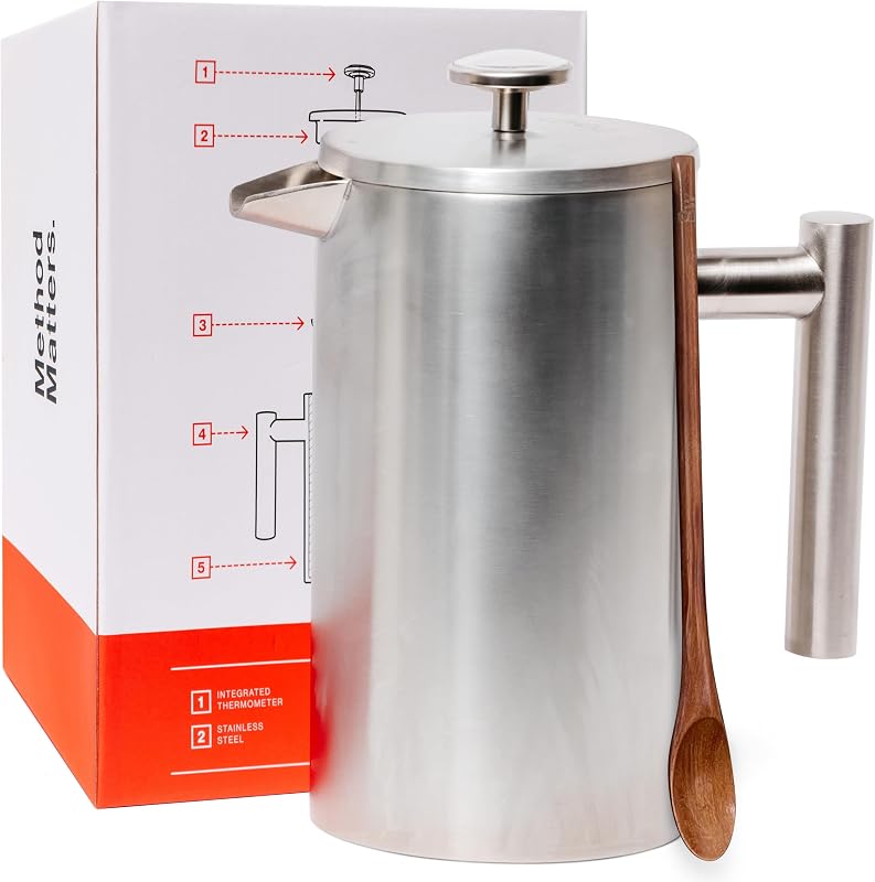 Cafetera de prensa francesa Barista Warrior - Prensa francesa aislada de acero inoxidable de doble pared con termómetro incorporado, cafetera de doble filtro con cuchara de madera - Plata