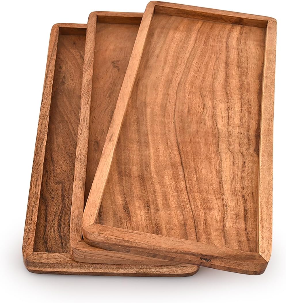 Acacia Wood Tray | Natural Farmhouse Food Display & Ottoman Trays for Charcuterie, Appetizers, Drinks (12" X 6" X 0.75")