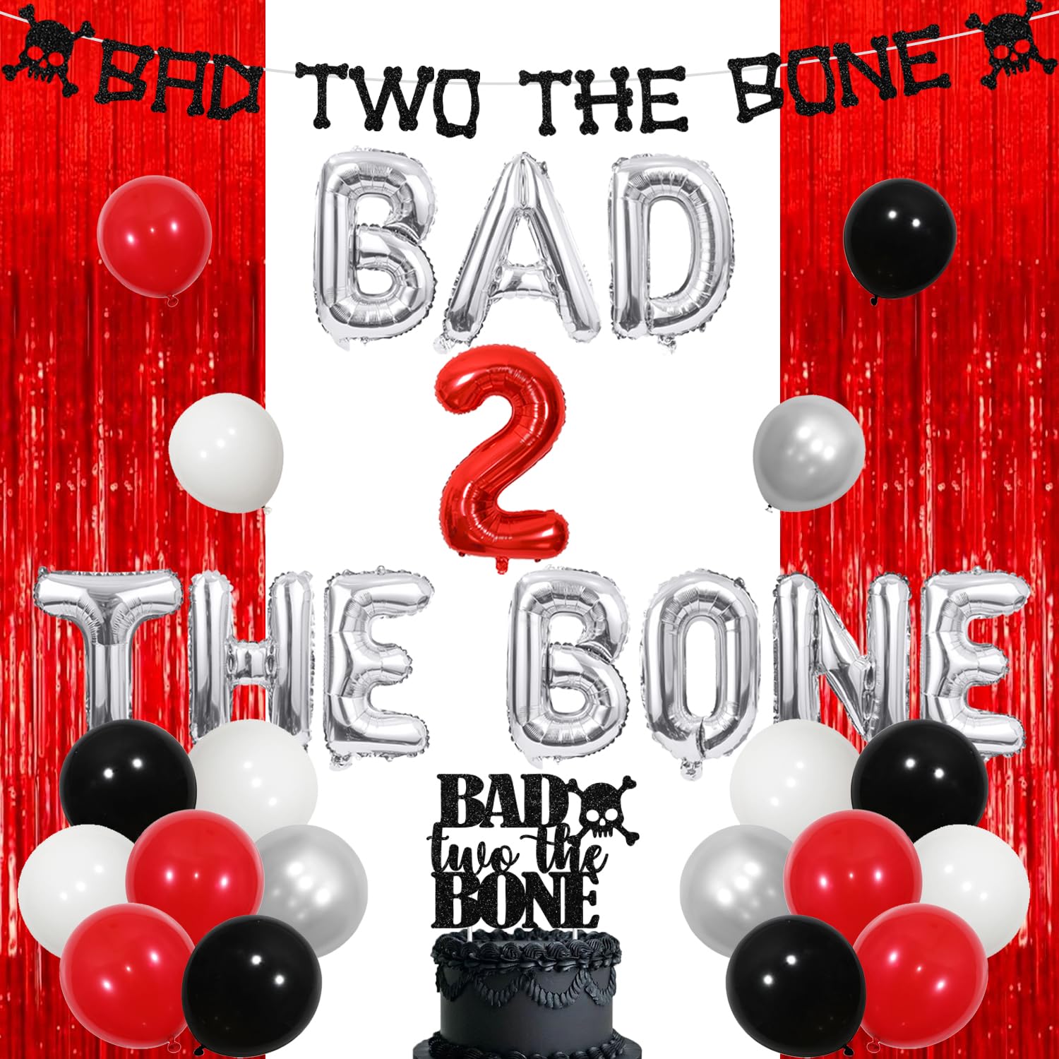 Bad Two The Bone Party Decorations Red and Black Rock Themed 2nd Birthday Party with Bad Two The Bone Balloon Banner Red Fringe Curtain for Boys Girls