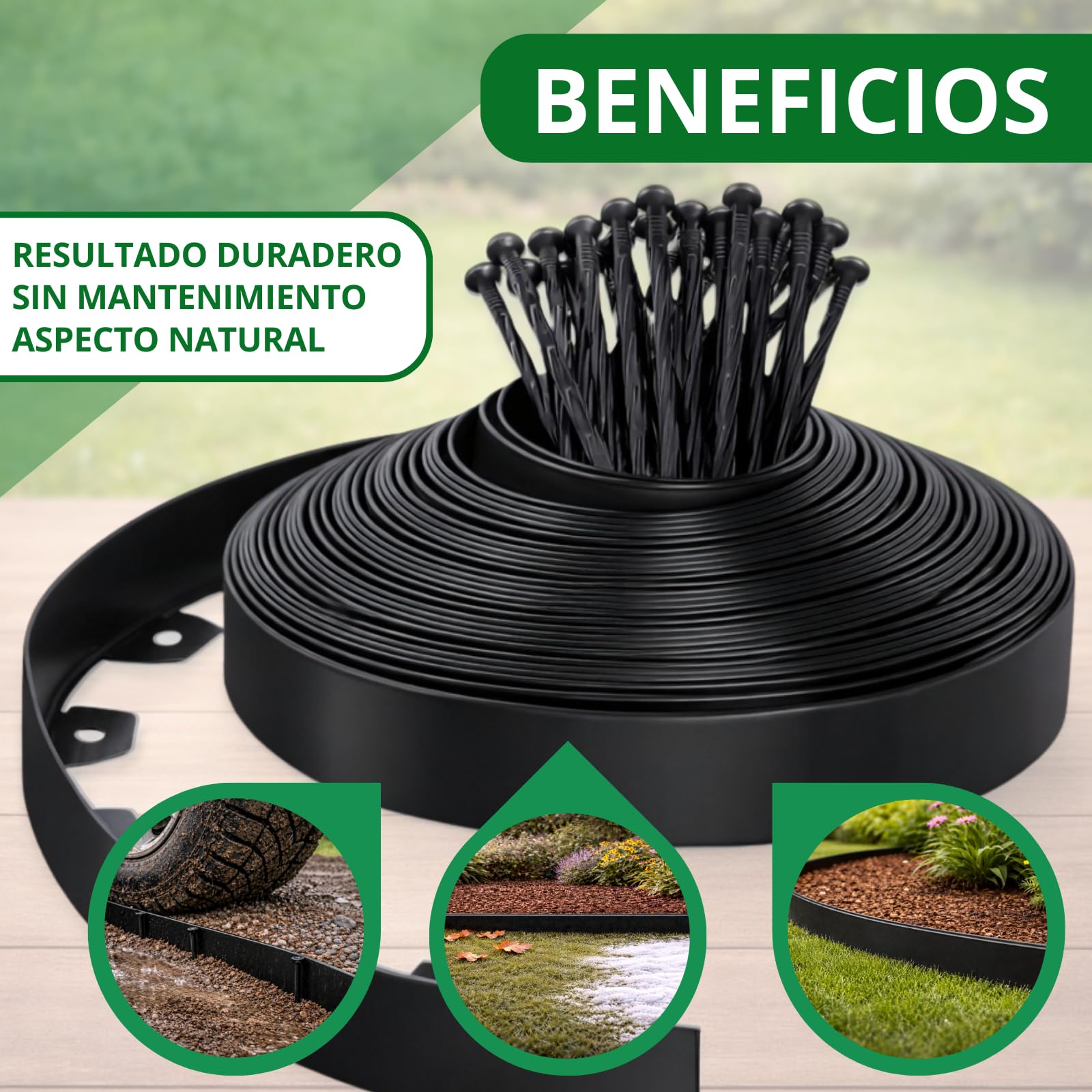 PLANTAWA Borde para Césped Artificial Negro 10m, 30 piquetas | Delimitación y Fijación del Perímetro, Contención de Materiales y Acabado Profesional | Flexible, Discreto y Resistente para Jardín