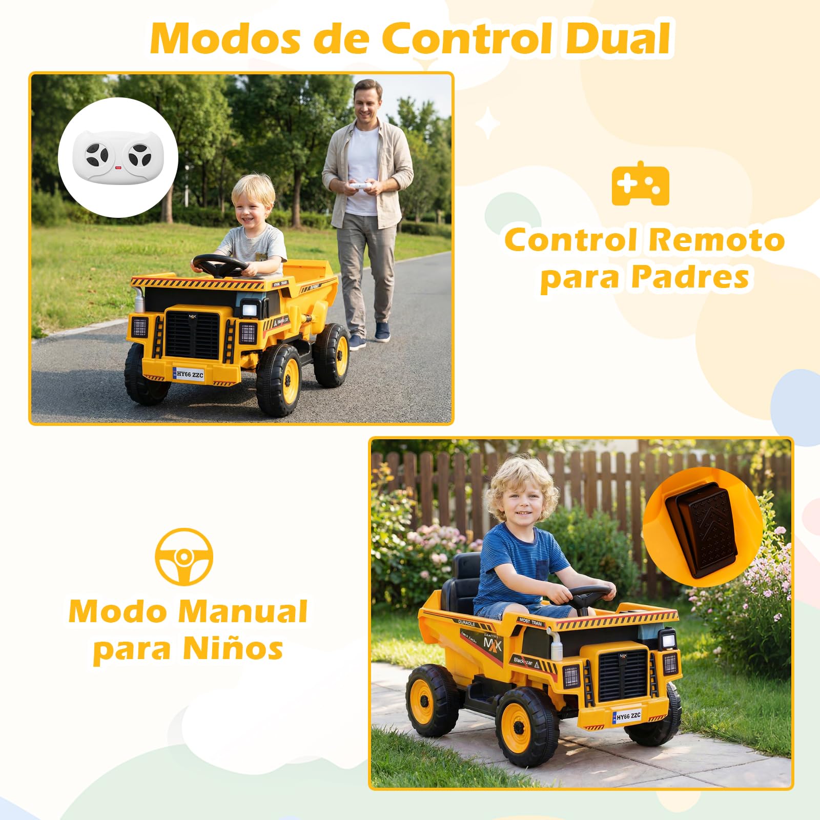 GOPLUS 24 V Coche Eléctrico para Niños, Coche de Paseo Infantil con Remolque, Pala, Bocina, Música, Historia, USB y Conexión Inalámbrica, Coche de Juguete con Mando a Distancia para Niños de 3+ Años