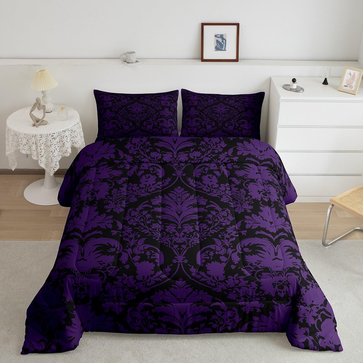 Feelyou Adult Purple Black Damask Comforter Set Gothic Antique Victorian Baroque Bedding Set Full Size Boho Vintage Floral Flower Comforter