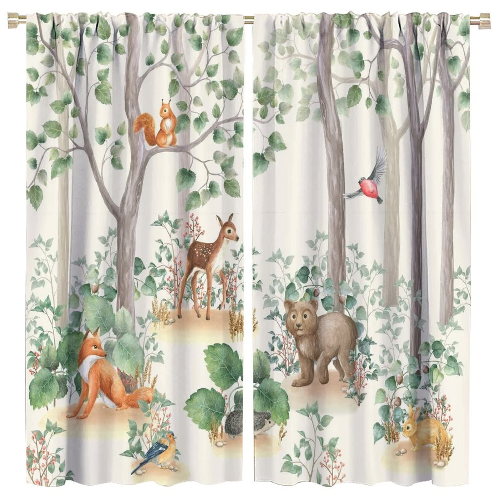 GoDazzling Watercolor Woodland Animals Blackout Window Curtains, Spring Cartoon Wild Animal Kids Cute Rustic Forest Rod Pocket Curtains, for Living Room Bedroom 21(W)*45(L) 2 Panels