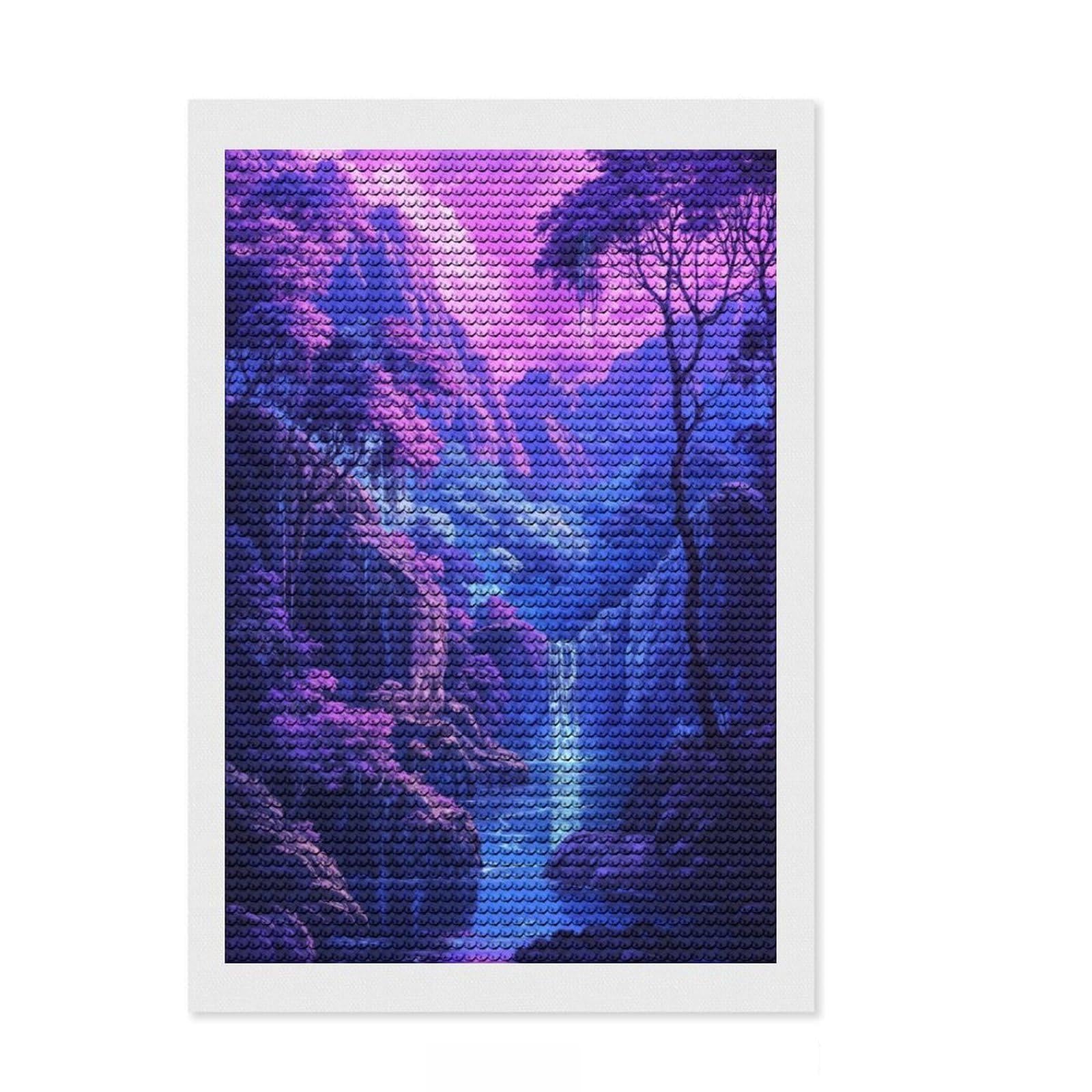 Junmoney Surreal Violet Waterfall Round Drill Diamond Painting 8"x12", for Family Craft Time, Printed Canvas, Bedroom Decor, Birthday Gift