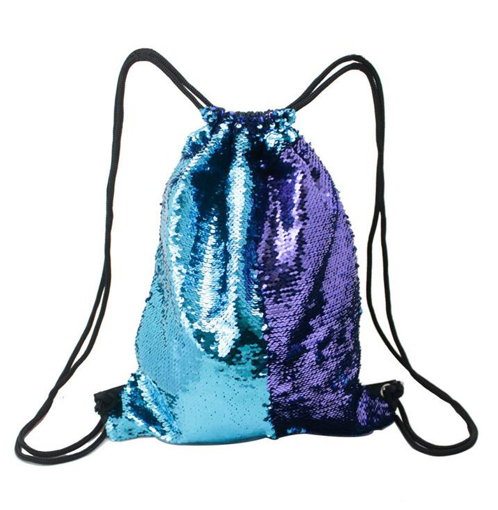 duojin Mermaid Sequin Glittering Outdoor Shoulder Reversible Backpack Drawstring Bag (Blue+Purple)