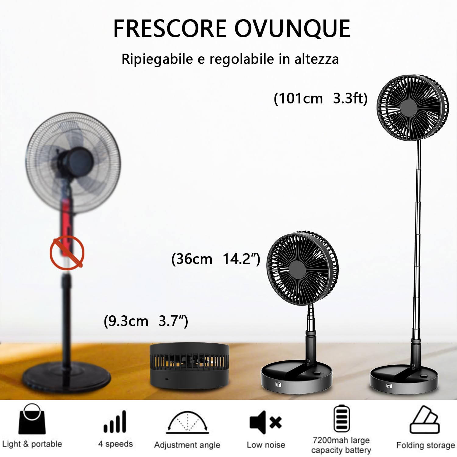 UN UNITEDTIME ventilatore portatile pieghevole ricaricabile [telecomando] a batteria pieghevole in piedi ventilatore a pedestallo, 4 velocità, timer per il viaggio in campeggio, camera da letto(Nero)