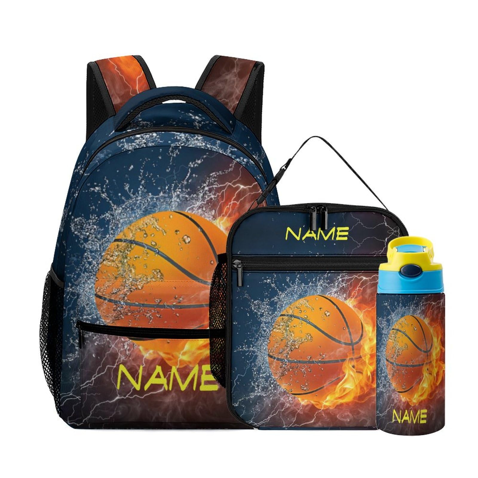 Custom 3 Set Kid Backpack with Lunch Bag Kid Water Bottle Add Name Personalized Basketball Fire Children School