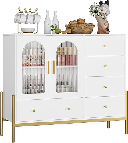 Aparador de buffet con almacenamiento, aparador de buffet, gabinete de barra de café con puertas de vidrio estriado y patas doradas, armarios de