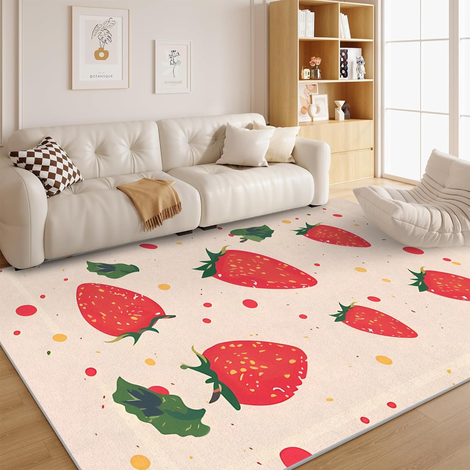 Tapis moderne fraise rouge lavable en machine anti-tache salon