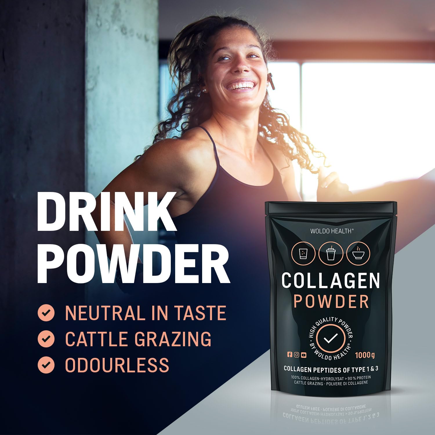 WoldoHealth Colágeno en Polvo de Vacas Criadas en Pastoreo Hidrolizado 1 kg - Proteína Soluble en Agua y Sin Sabor