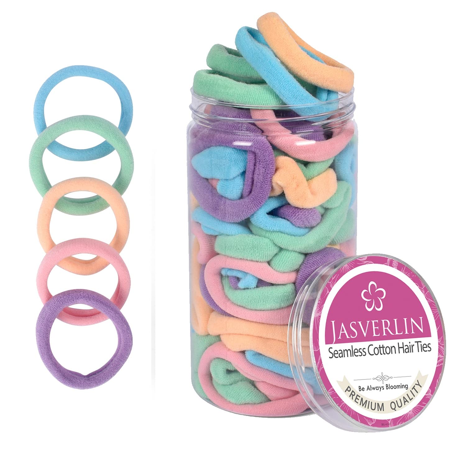 JASVERLIN Soft Hair Ties - Seamless Cotton Elastic Bands for Women Girls, No Damage Ponytail Holders Small Scrunchies for Thick Curly Thin Hair