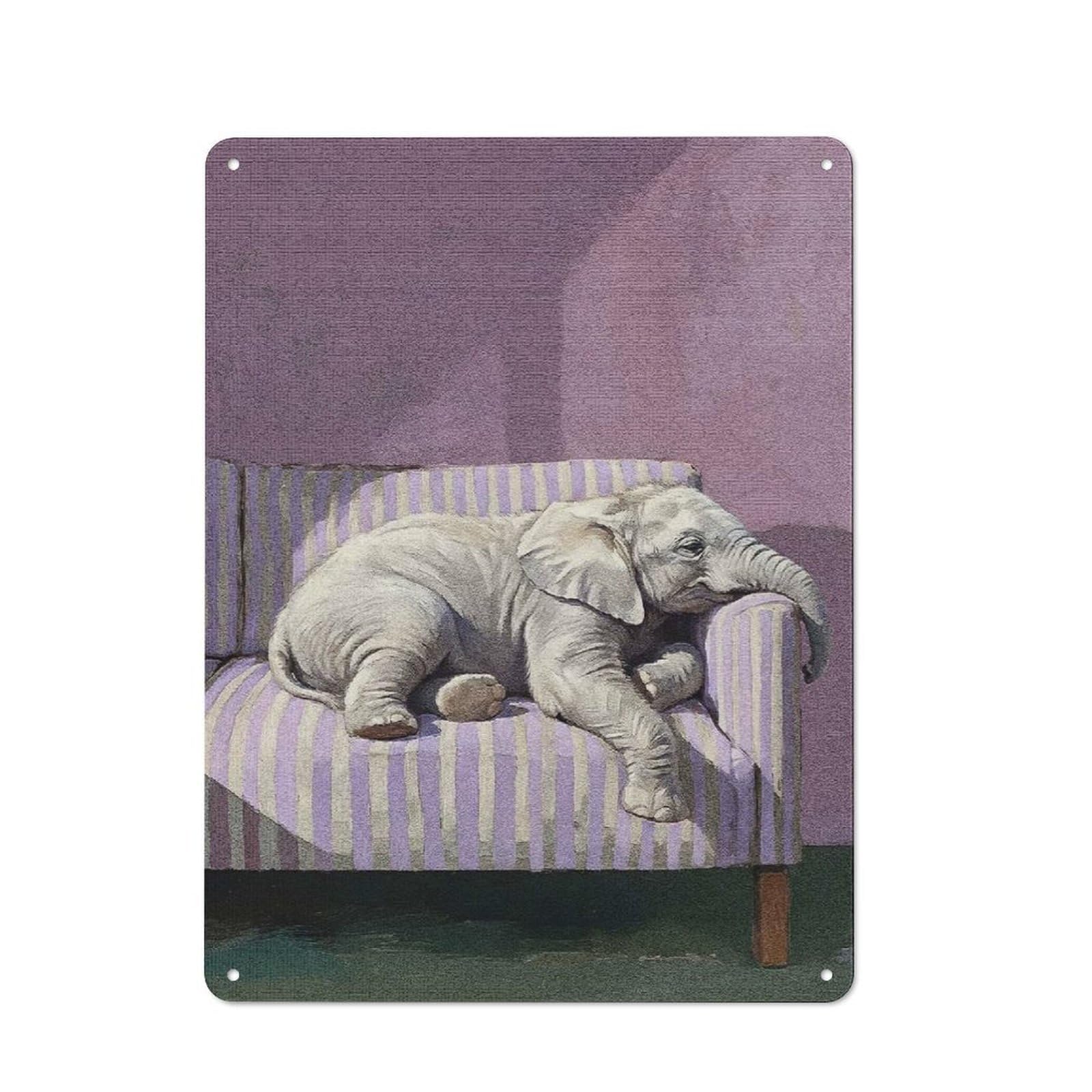 Junmoney Style-23 40X30cm Retro Metal Sign With Resting Elephant On Striped Couch For Living Room Or Hallway, For Living Room Decor Lovers Refreshing A Room In Autumn