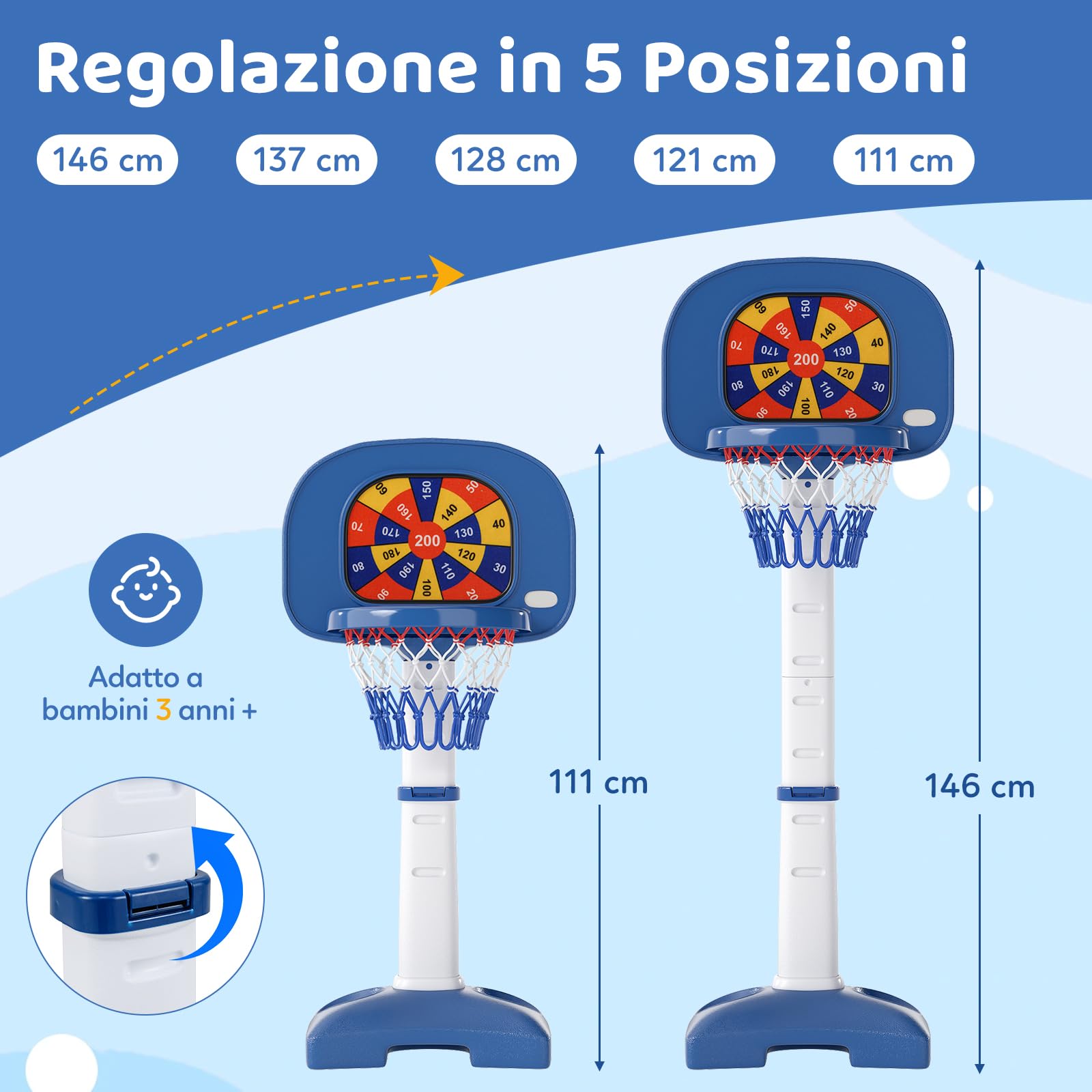 RELAX4LIFE Canestro da Basket 4 in 1 con Pallone da Basket, 2 Palline Adesive, 2 Palline da Golf, Bastone da Golf e 2 Anelli, Base riempibile, Set di Canestro Interno per Bambini 3 Anni＋