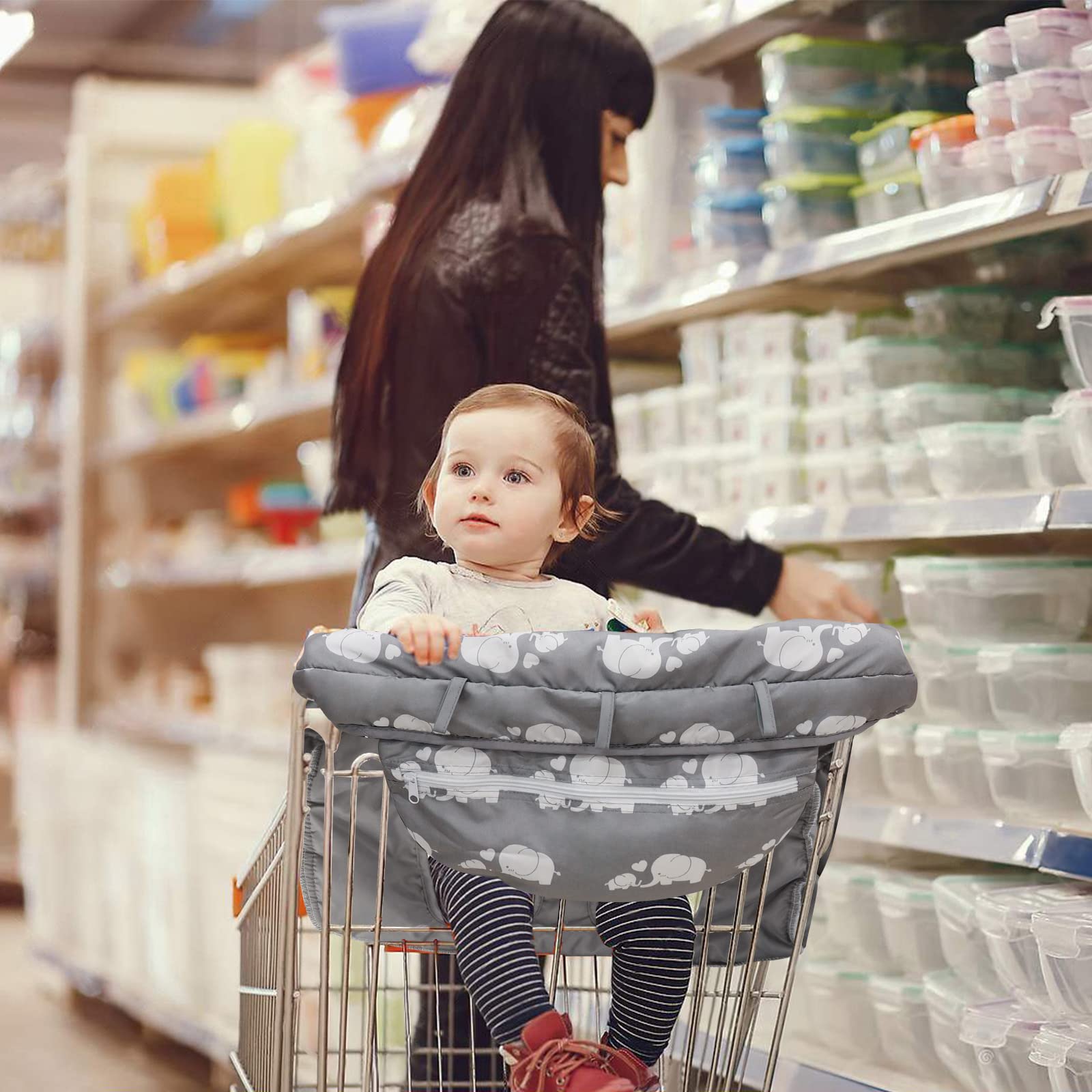 ASDIIT Winkelwagenbescherming voor baby en hoge stoel, 2-in-1, universele hygiënebescherming voor winkelwagentje, met veiligheidsgordel, voor babyjongens en babymeisjes, machinewasbaar, grijs