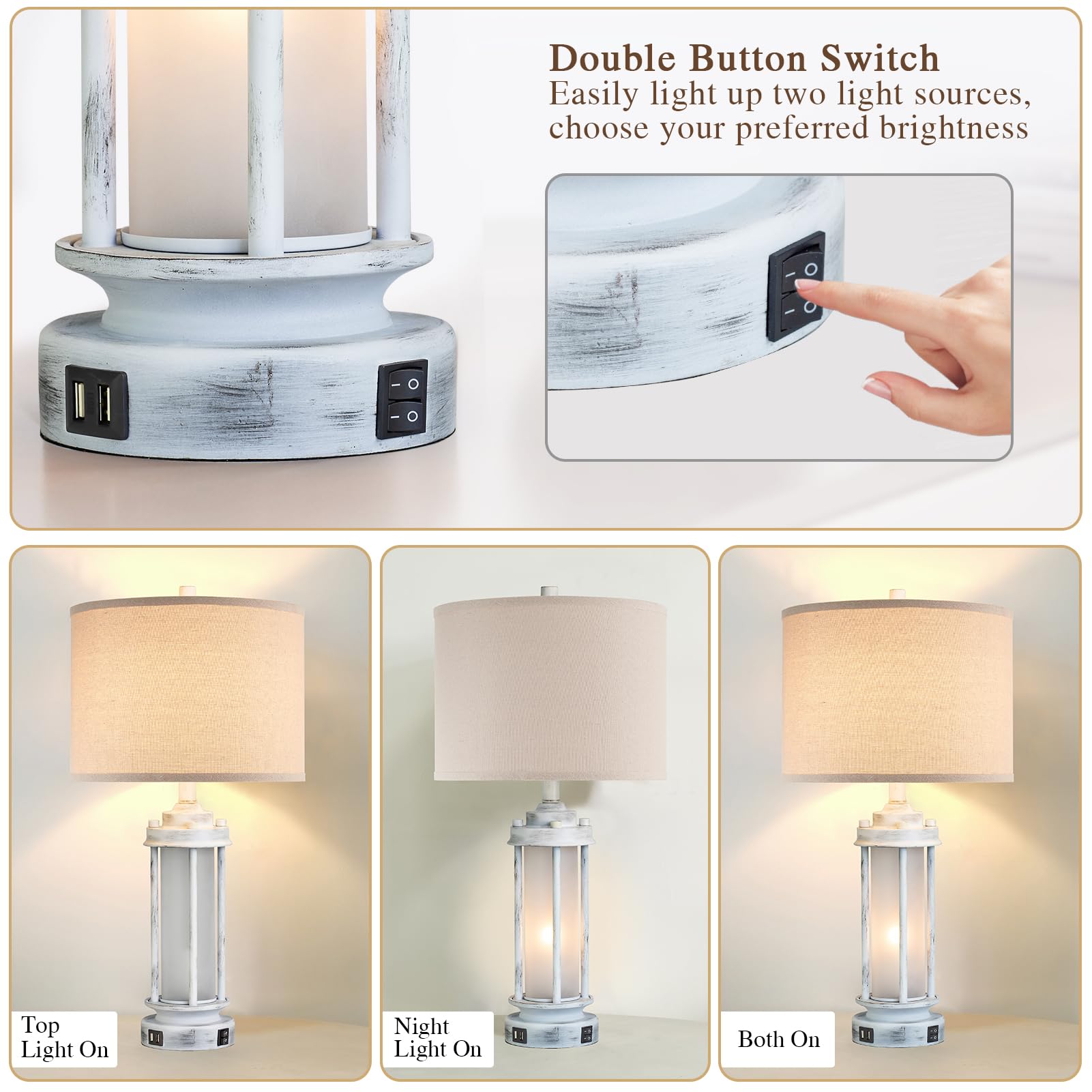 AIEAMPDO Lot de 2 lampes de table rustiques de 63,5 cm, lampes de chevet vintage avec 2 ports USB, lampe de bureau blanche antique avec veilleuse en verre pour salon, chambre à coucher, dortoir, 4