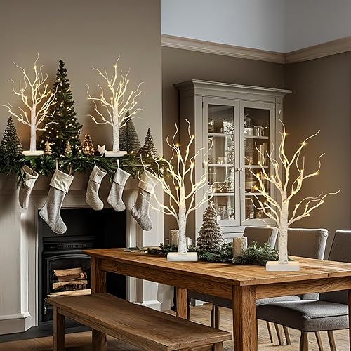 Miniatura 6 de EAMBRITE Árbol de abedul con luces LED para decoración de Navidad en interiores, árbol de mesa iluminado de 22 en 24 LED, ramita blanca, funciona