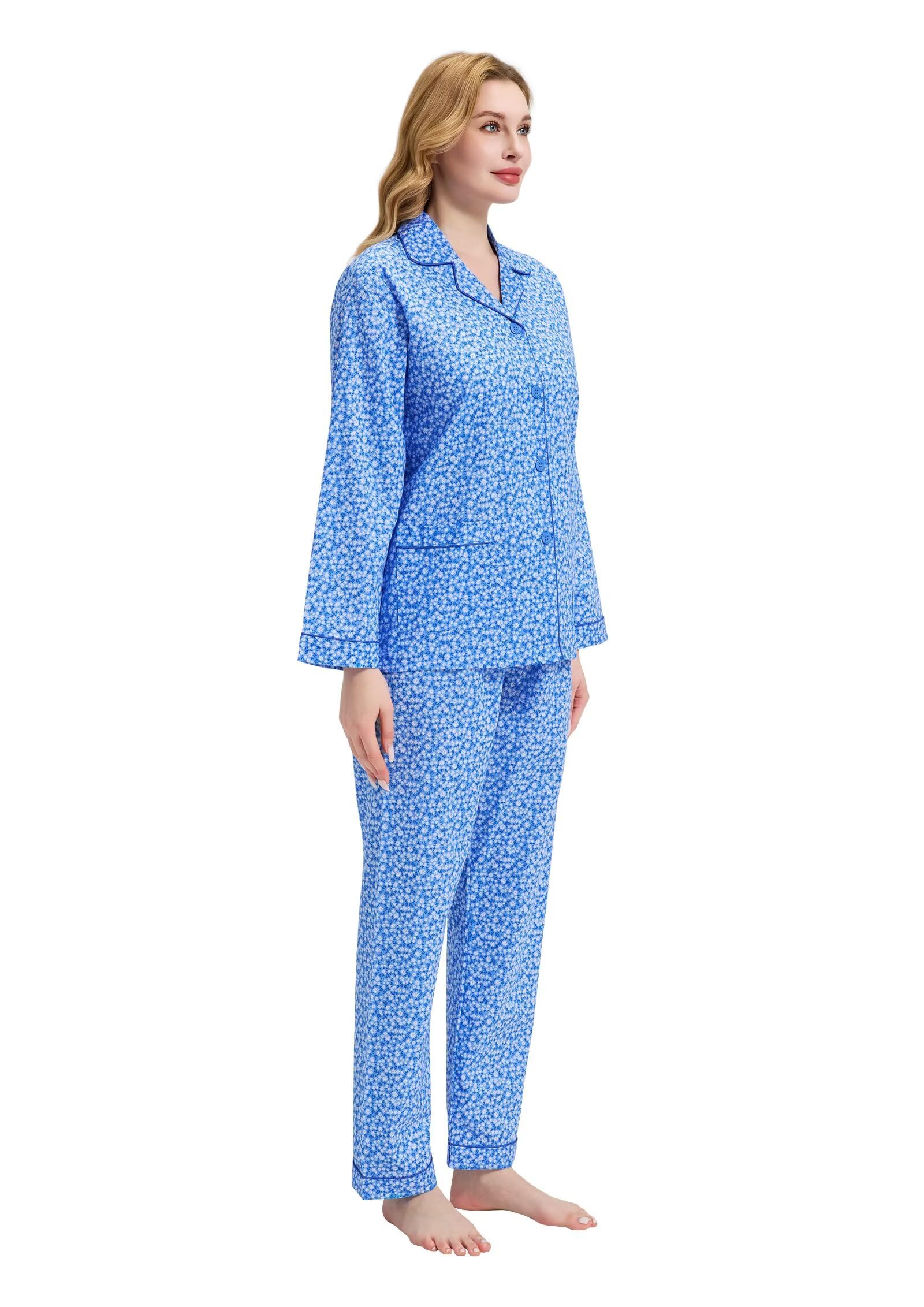 GLOBAL Conjunto de Pijama de Mujer 100% Algodón Floral de Manga Larga con Botones para Mujer Ropa de Dormir con Cordón Ropa de Dormir Suave y Transpirable Conjunto de Pijama de Mujer PJS