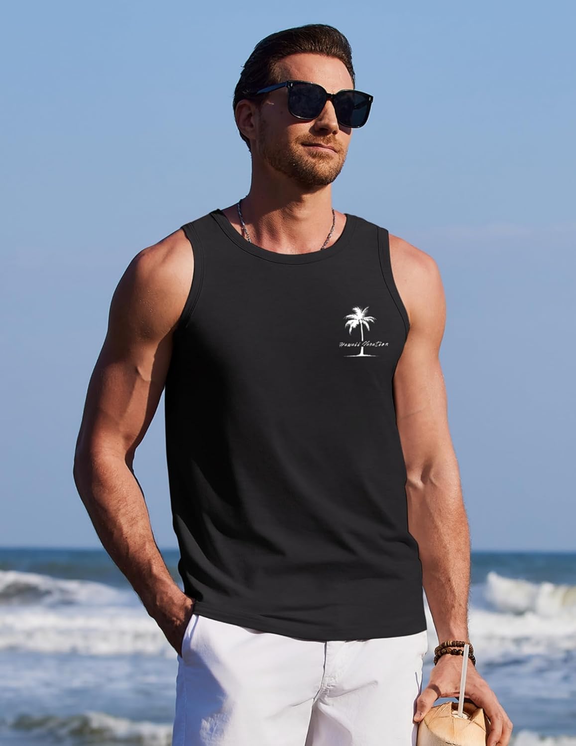 COOFANDY Mens Beach Tank Tops Summer Cotton Sleeveless Graphic T Shirts Palm Tree Casual Vacation Muscle Tank - Image 2