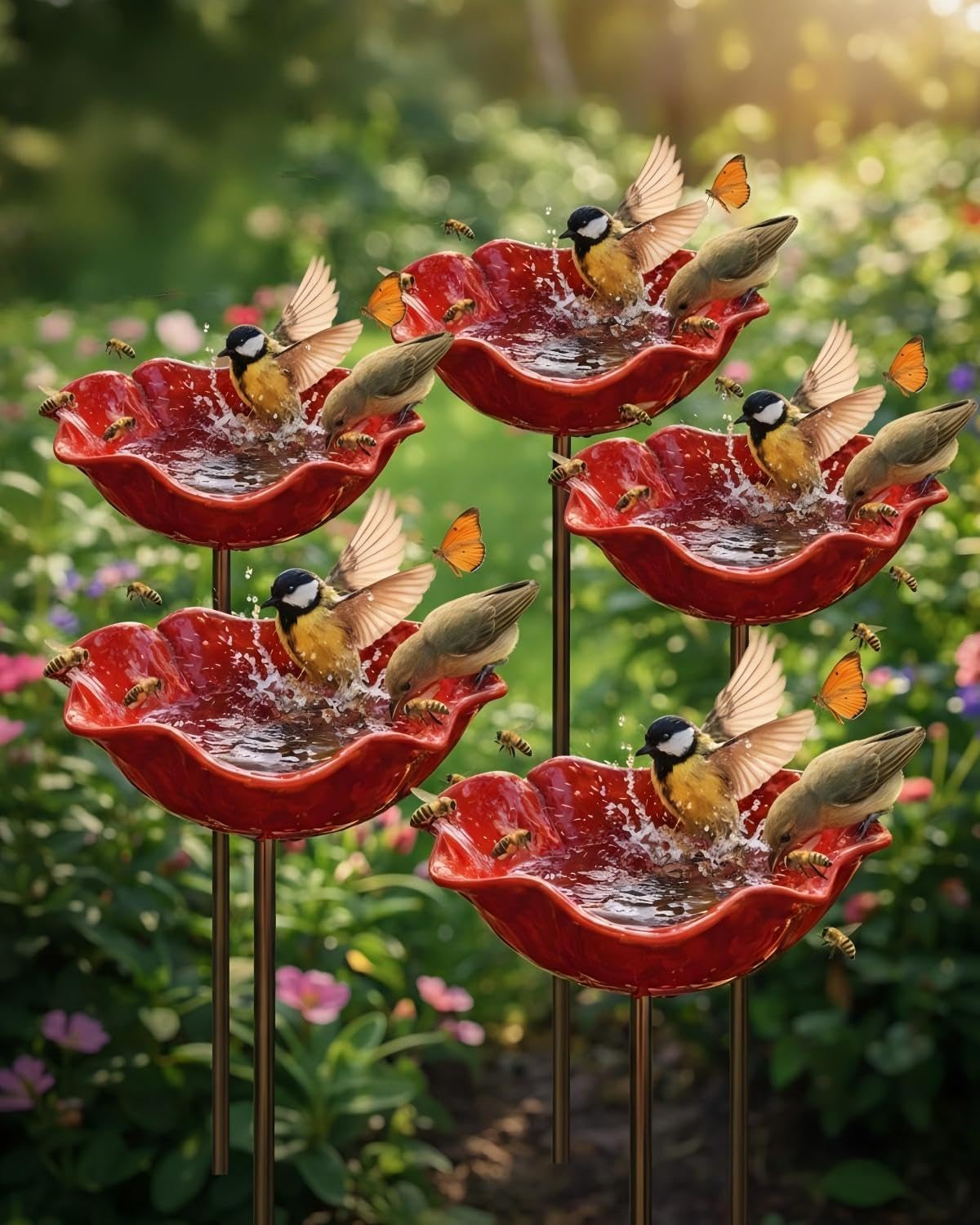 Bain d'oiseaux piquet métal rouge pour abreuver faune du jardin
