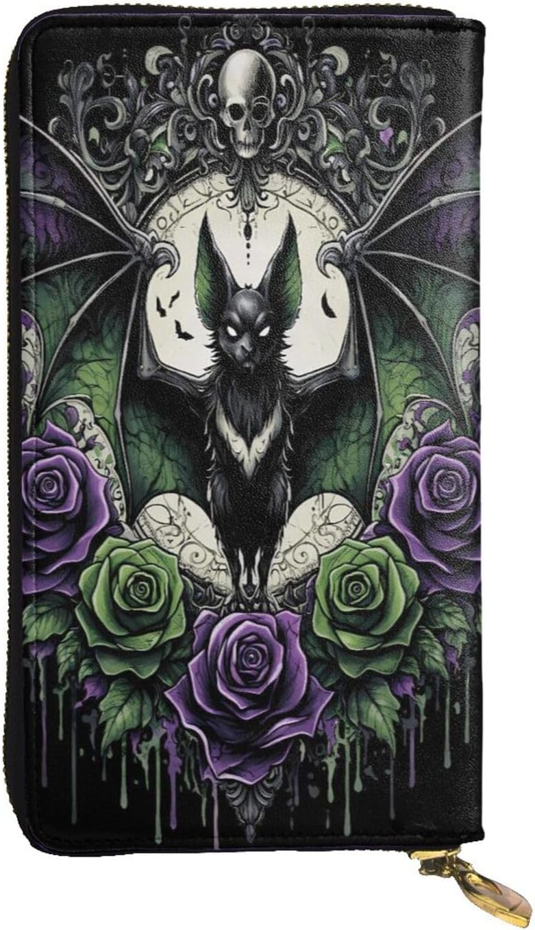 Halloween Purple Lightning Thunder Bats Hand Held Wallet with Zipper Leather Waterproof Unisex