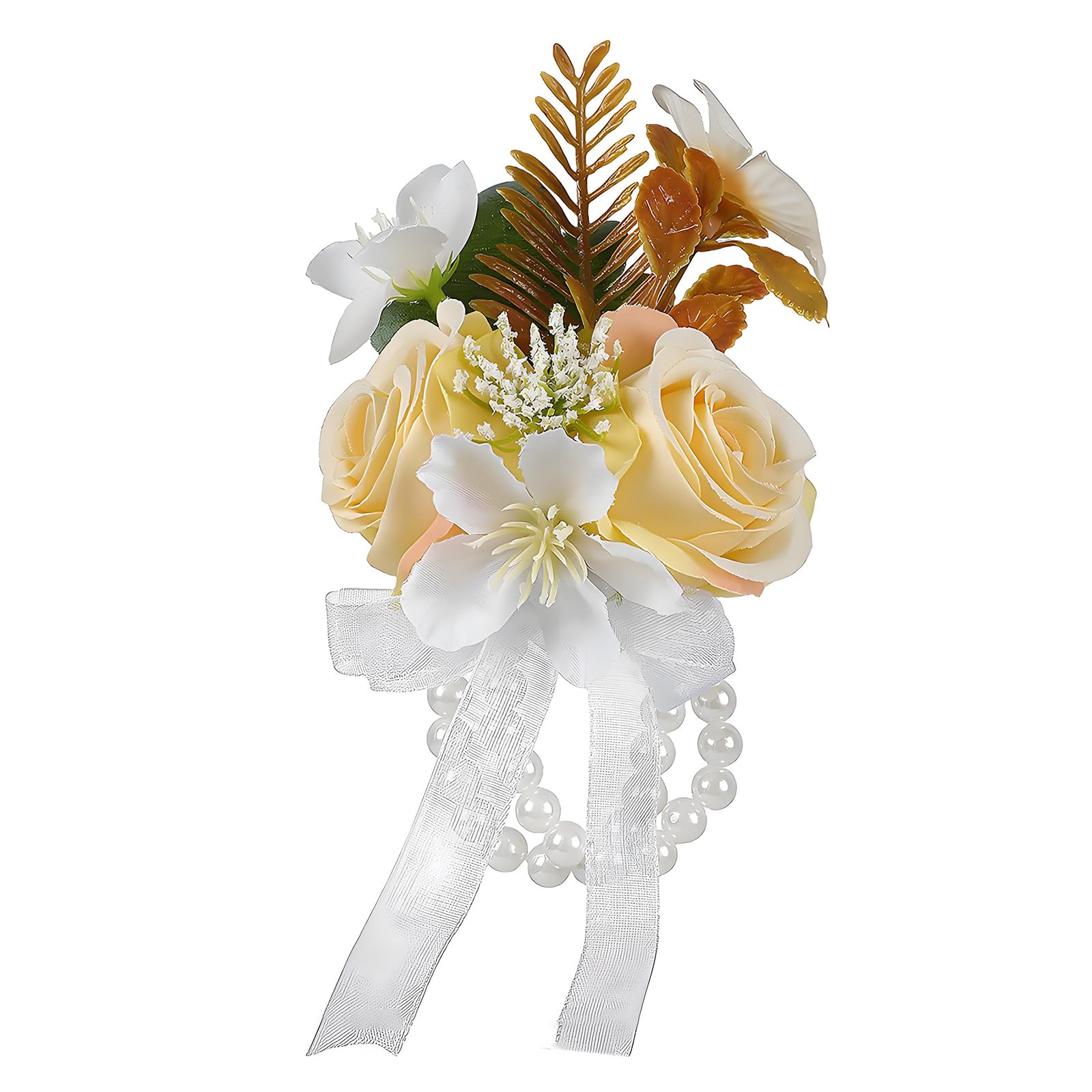 NEWFT Delicate Pearls Chain Wristlet Beautiful Silk Wrist Corsage With Duals Pearls For Formal Event And Celebration
