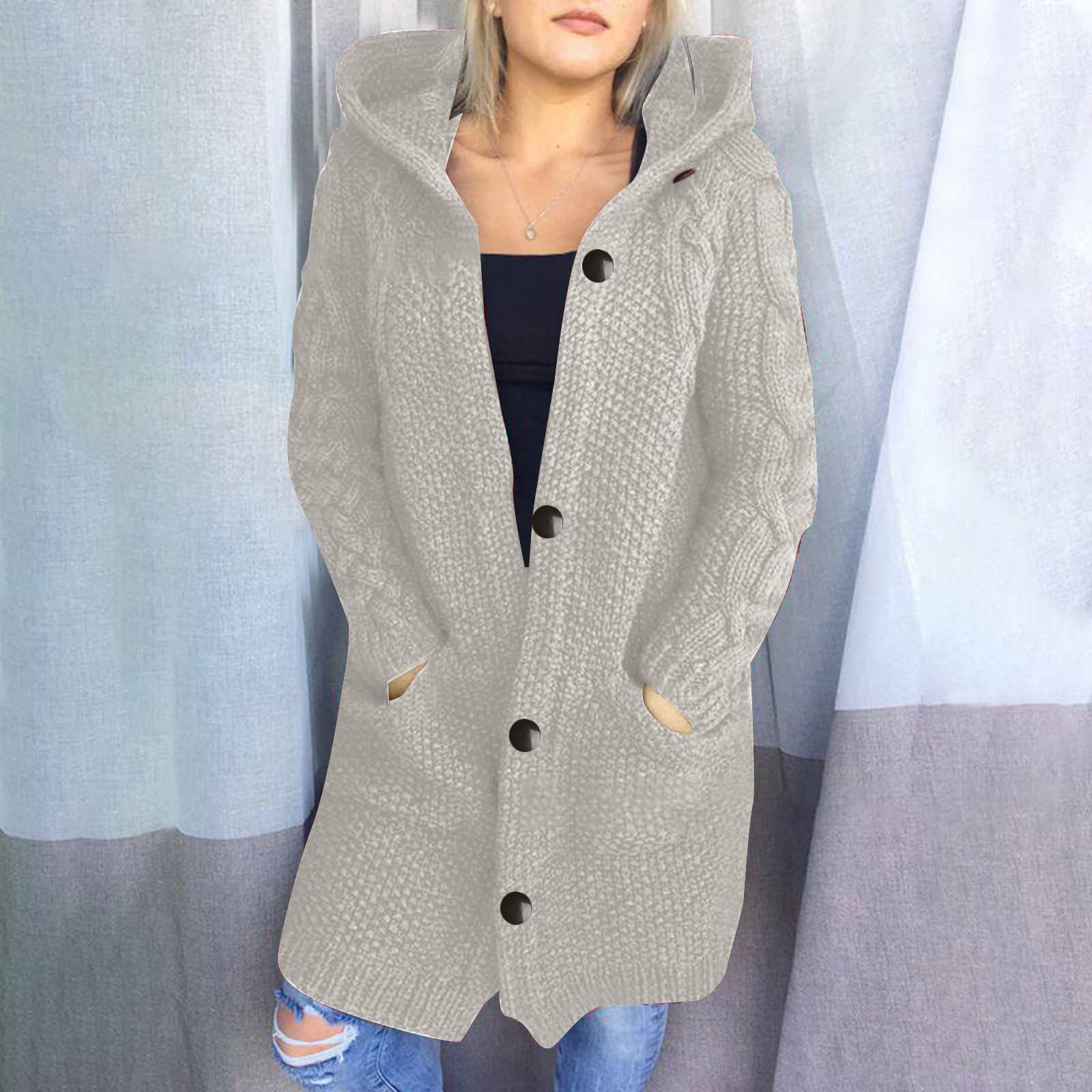 Strickjacke Damen Lang mit Kapuze -Strickmantel Damen Winter Grobstrickjacke Elegant Longstrickjacke Strickcardigan Einfarbig Grobstrick Cardigan Strickjacken für Frauen Mantel Kapuzenjacke