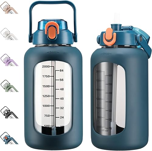 Miniatura 16 de kytffu Botellas de agua de vidrio de 64 onzas con popote, botella de vidrio motivacional de medio galón con funda de silicona y marcador de tiempo