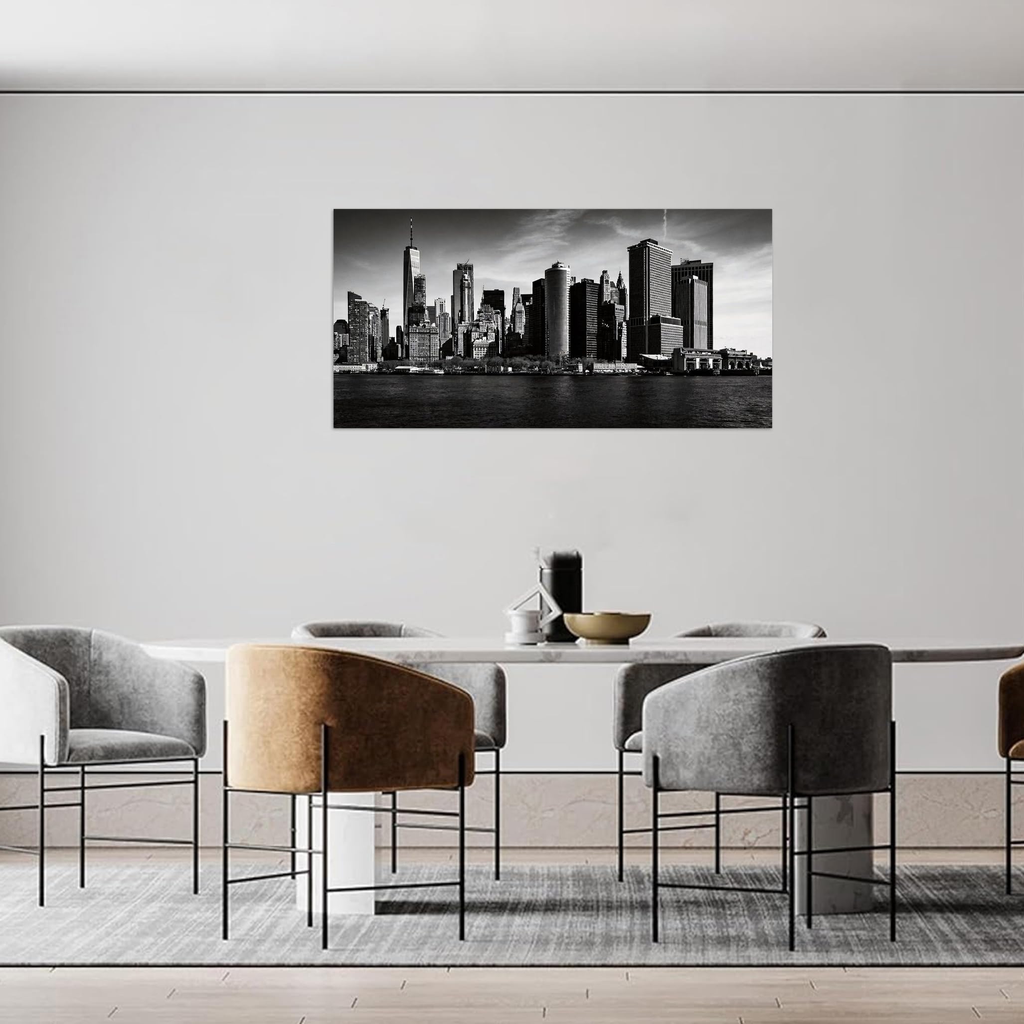 OZPWBVY Schwarz und Weiß Landschaftsbild-Stadt Gebäude Skyline-Minimalistisch Bild auf Leinwand-Wandbild Fertig zum Aufhängen 60x120cm Gerahmt