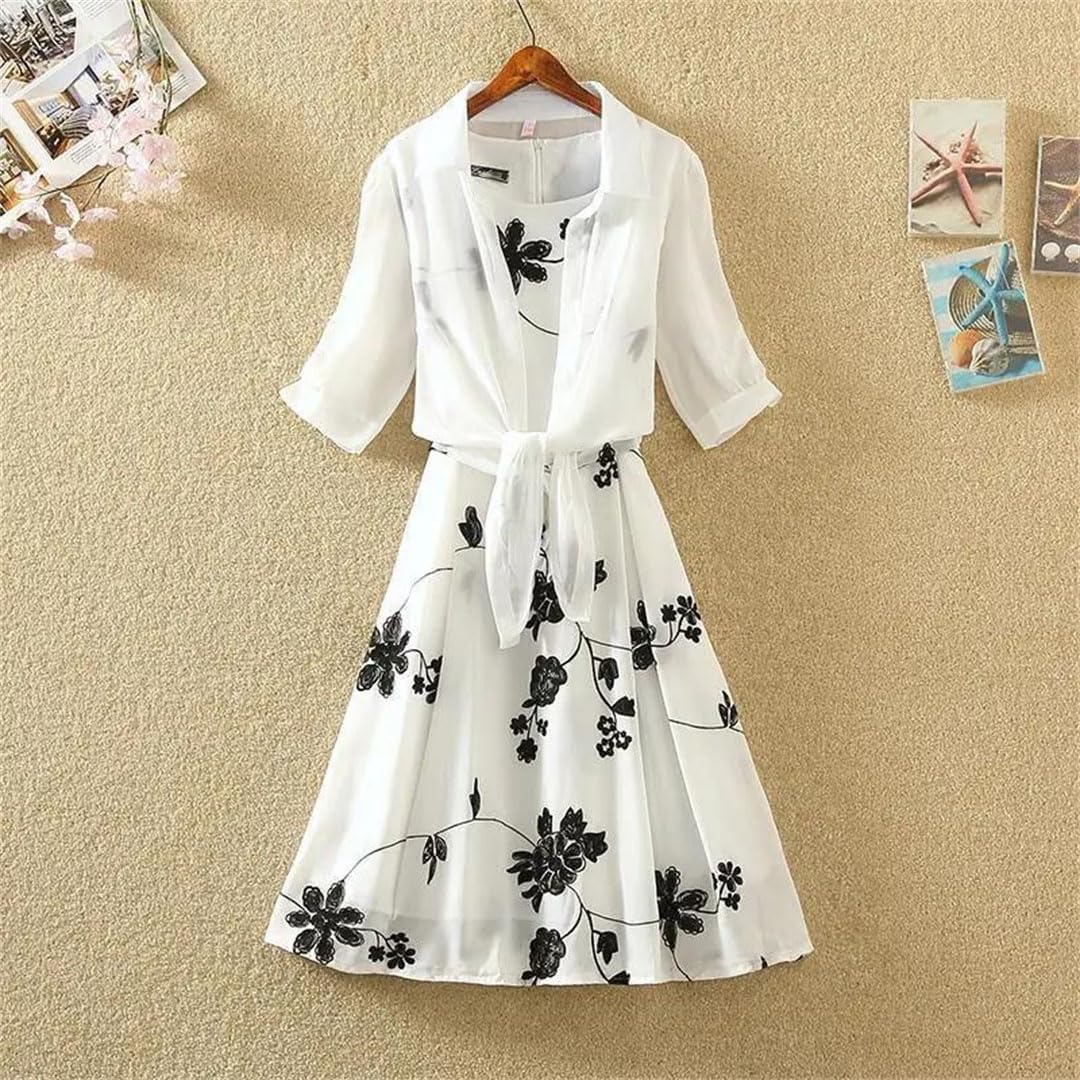 Women's High Waist Sleeveless A-Line Skirt Floral Embroidery Top Belt Two-Piece Suit