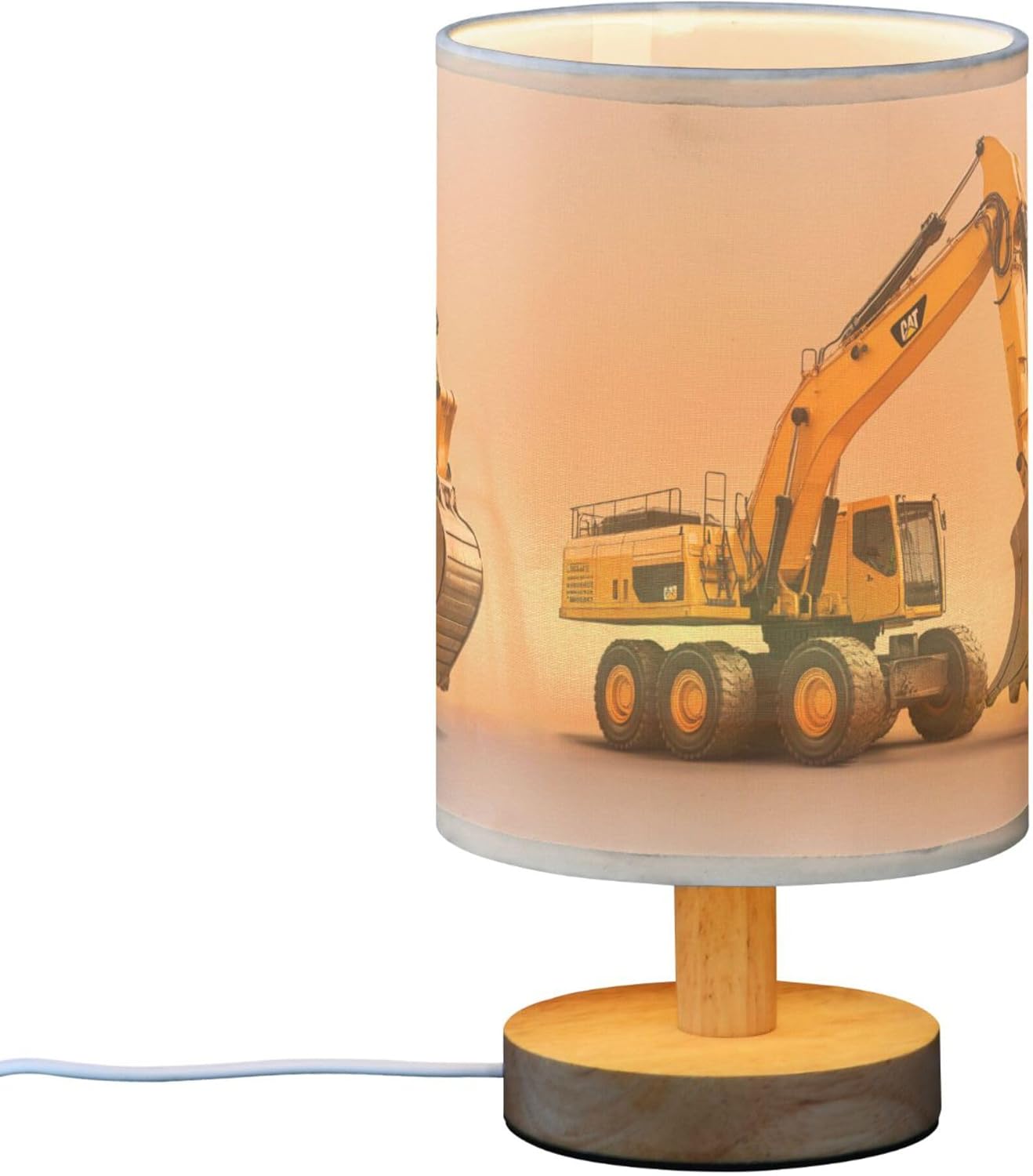 Table Lamp Construction Car Excavator Nightstand Lamp with Wood Base Fabric Lamp Shade Bedside Desk Lamp for Living Room Bedroom Kids Room Office