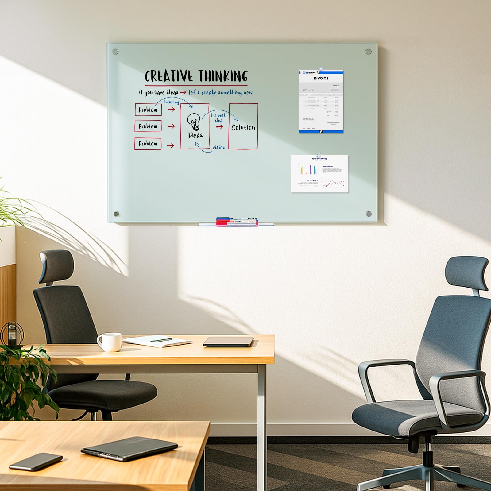 maxtek Tableau Magnétique Verre Trempé, 90 x 60 cm Tableau Blanc Effaçable Mural, Morden Whiteboard sans Cadre, Inklusive 5 Néodyme Aimants, 3 Markers, 1 Gomme, pour Club d'affaires, Bureau, Domicile