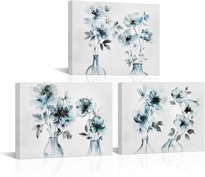 HOMEOART Floral Canvas Wall Art Watercolor Flower Prints for Living Room Bedroom Decor, Framed Artwork Ready to Hang Bathroom Wall Decor,12x16inchx3Pieces Turquoise