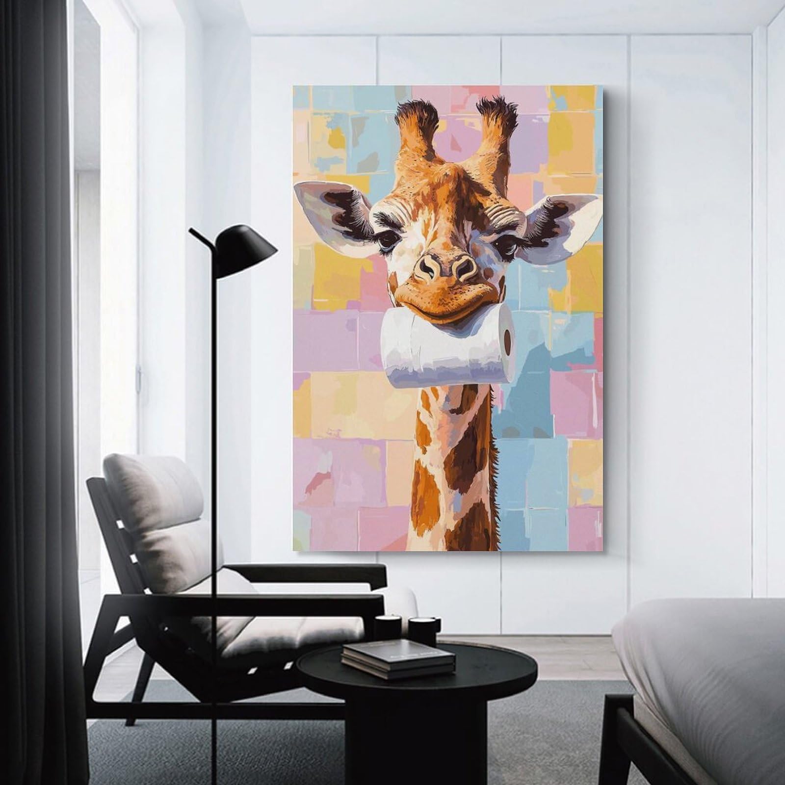 Junmoney Unframe-Style-13 Wall Picture Print Giraffe With Toilet Paper Roll, 24X36inch(60X90cm), For Contemporary Homes, Apartments Or Offices, Decorative Canvas Decor For Home Updates