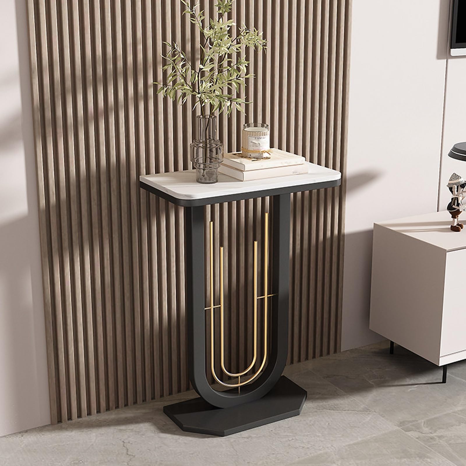 Mesa consola de hierro con tapa de roca y diseño moderno para pasillo estrecho
