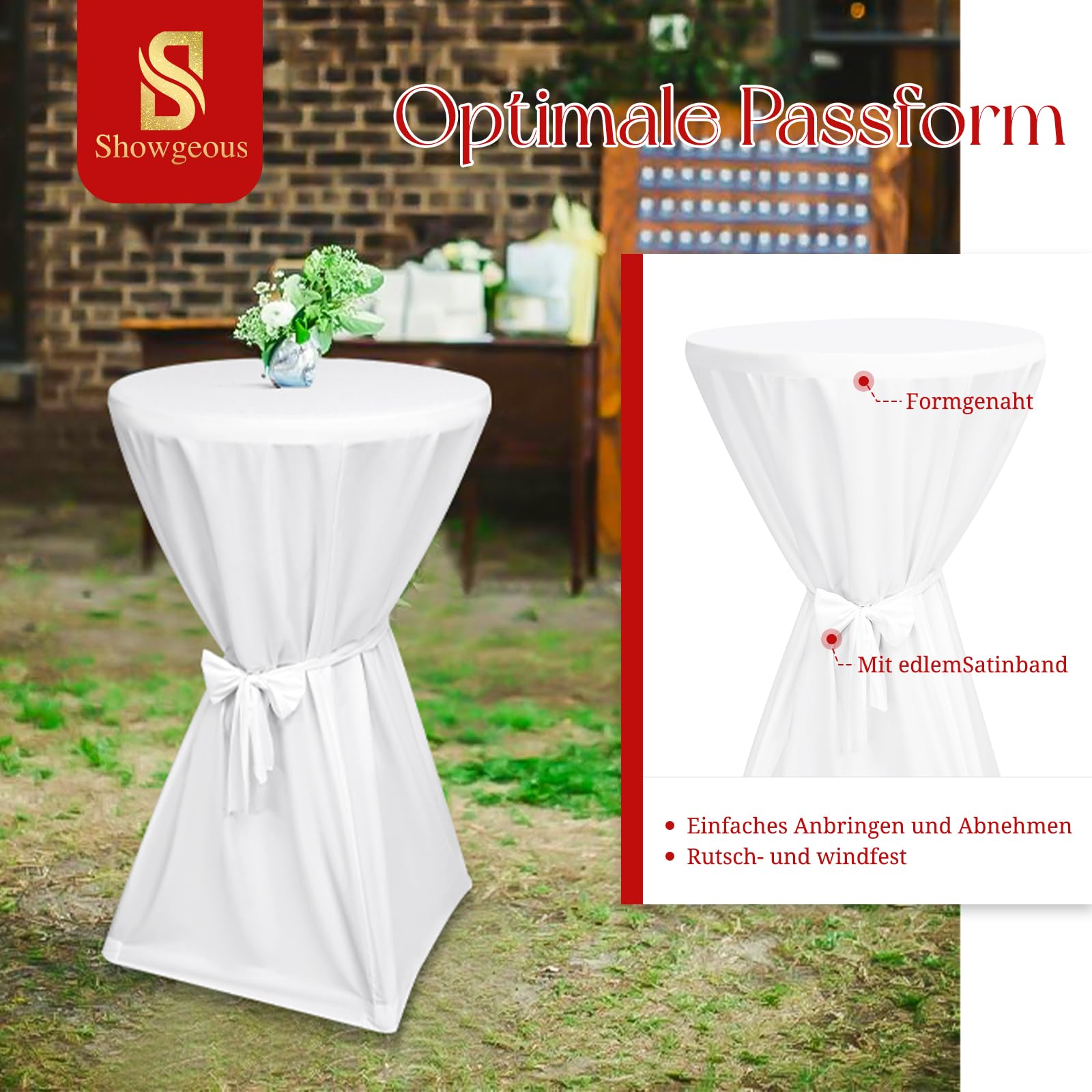 Showgeous Lot de 6 Housses de Table de Bar Premium 60 cm Blanches Housses de Table pour Tables de Bar 60 cm Housse de Table de Bar, Nappe de Table de Bar Antidérapante et Lavable Ruban
