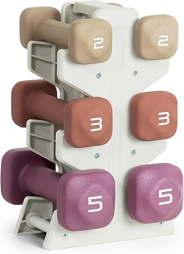 Tone Fitness Juego de mancuernas de neopreno con estante de almacenamiento, pesas de mano antideslizantes y antideslizantes para entrenamientos de