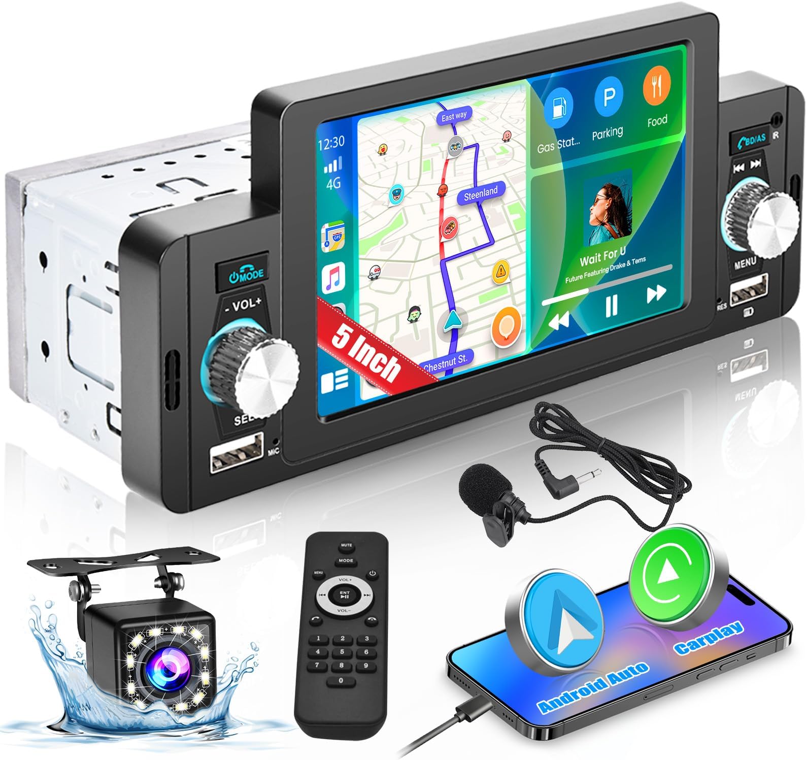 Hikity Autoradio 1 DIN Écran Avec Sans Fil Carplay Et Android Auto 9 Pouces Écran Tactile Autoradio Bluetooth FM EQ Mirror Link USB SWC MIC Caméra De Recul