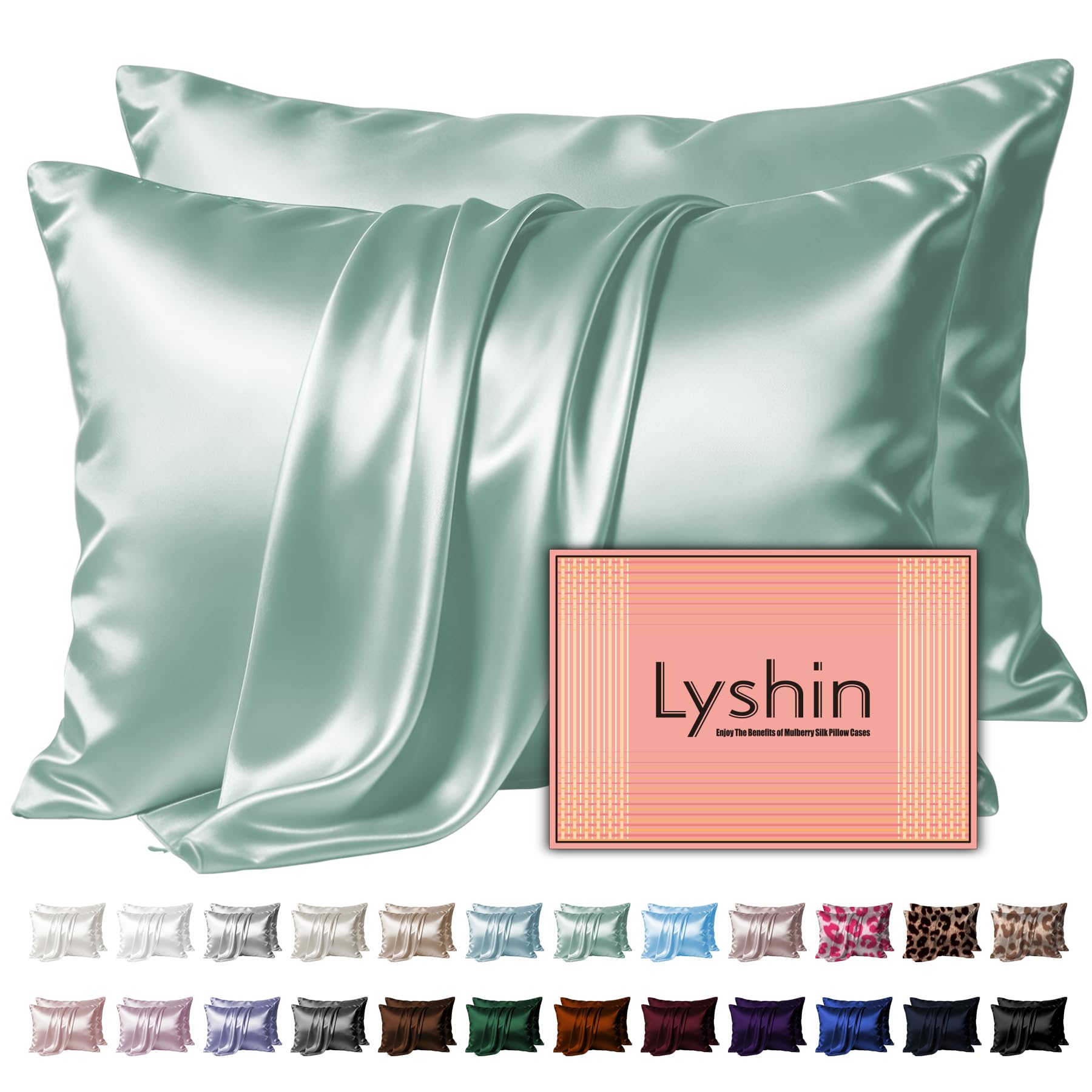 LYSHIN Silk Pillow Cases 2 Pack King Size with Zipper, Sage Green