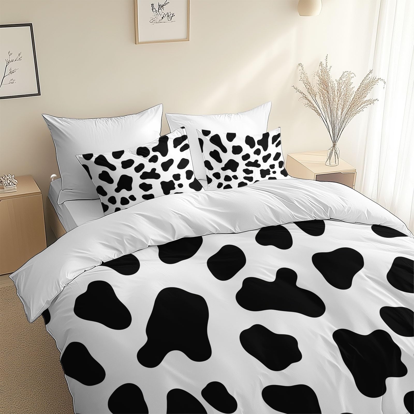 Housse de couette noir blanc vaches 200x200 cm avec taies