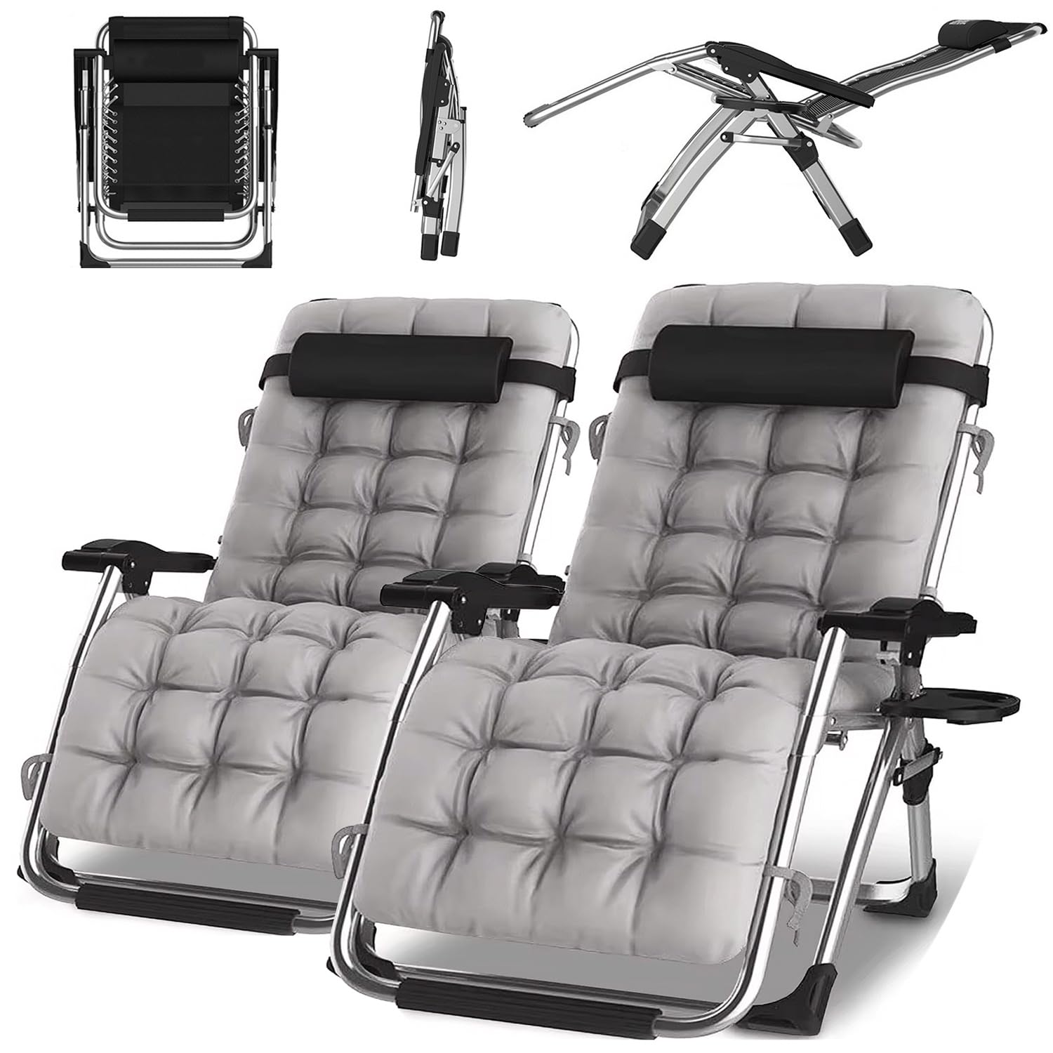 Pack-2 Tumbona Plegable para jardín, sin instalación, Tumbona de Relax con cojín, con Soporte para Bebidas, Transpirable, para Interior de jardín, sillas de Camping (Gris, 77cm)