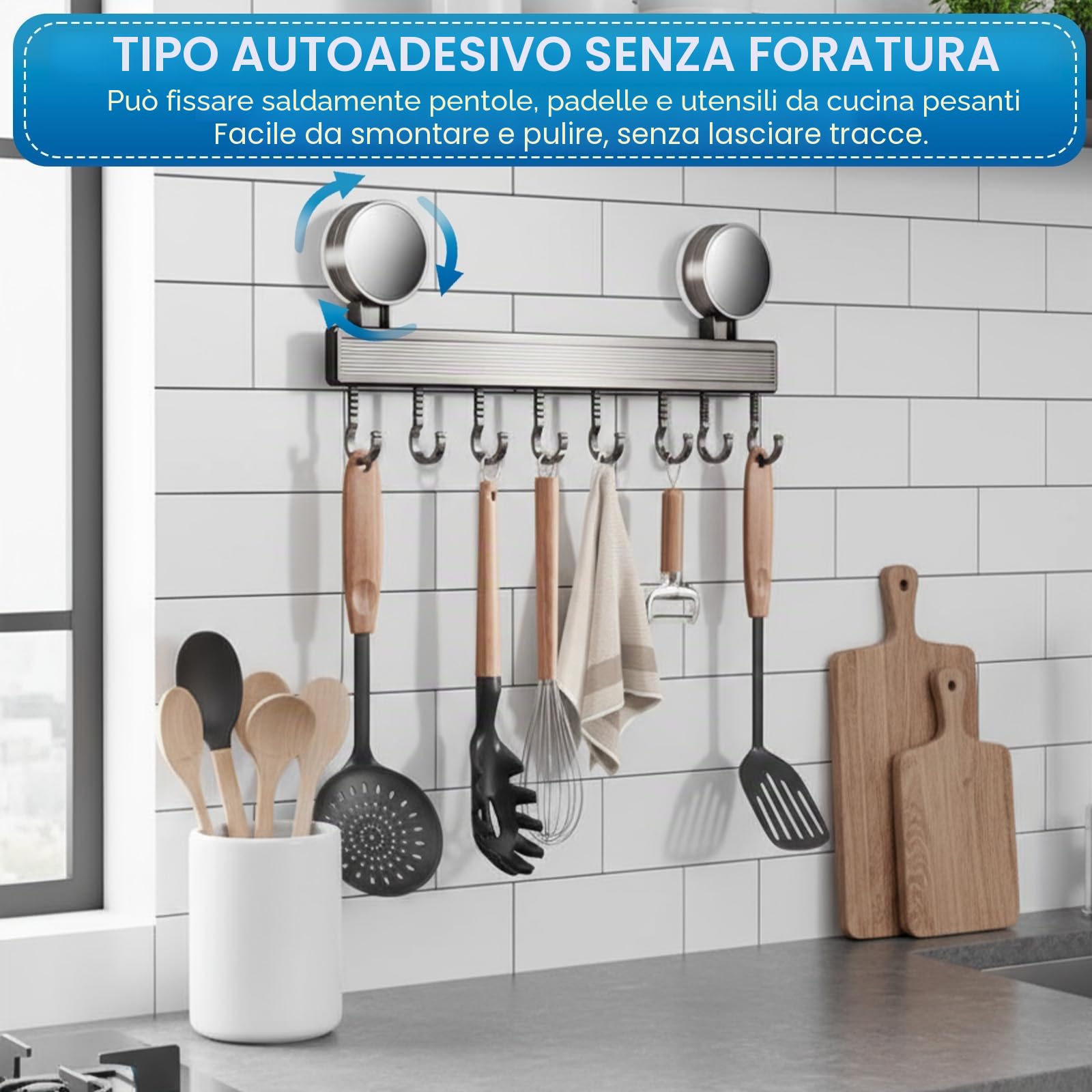 Porta Utensili da Cucina con Ventosa | Lunghezza 40 cm, portata 10 kg, 8 ganci mobili | Barra da cucina per utensili da cucina, camera da letto, bagno
