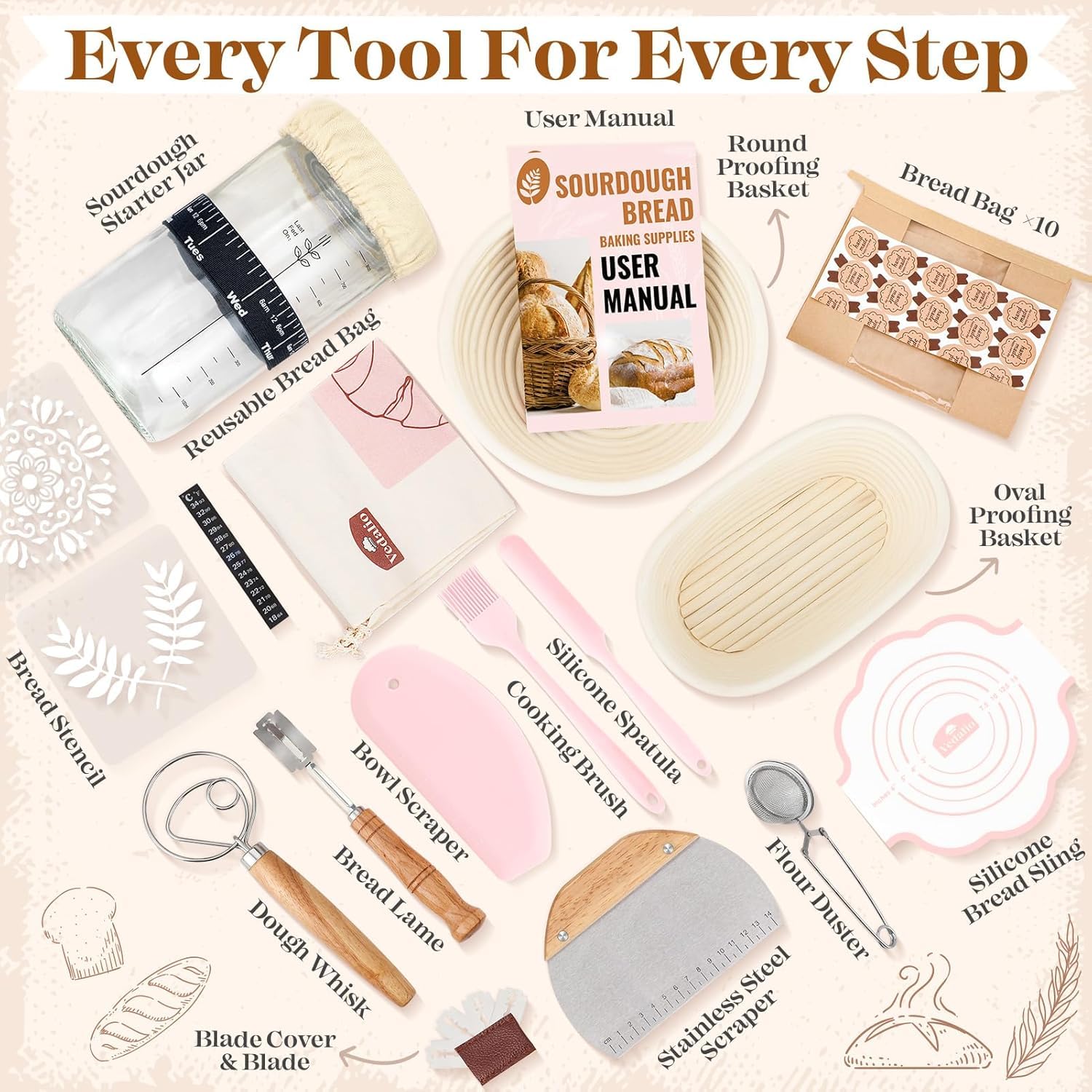 Banneton pour Pain Set, Banneton à Levage Artisanal, Panier à Levage en Rotin Naturel pour Pâte à Pain & Sourdough, Accessoire de Boulangerie Idéal pour la Maison et les Débutants
