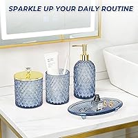 Vista 5 de Jenseits Glass Bathroom Accessory Set 4 Piece - Elegant Blue Diamond Cut Bathroom Set - Lotion Dispenser, Toothbrush Holder, Cotton Swab Jar, Tray