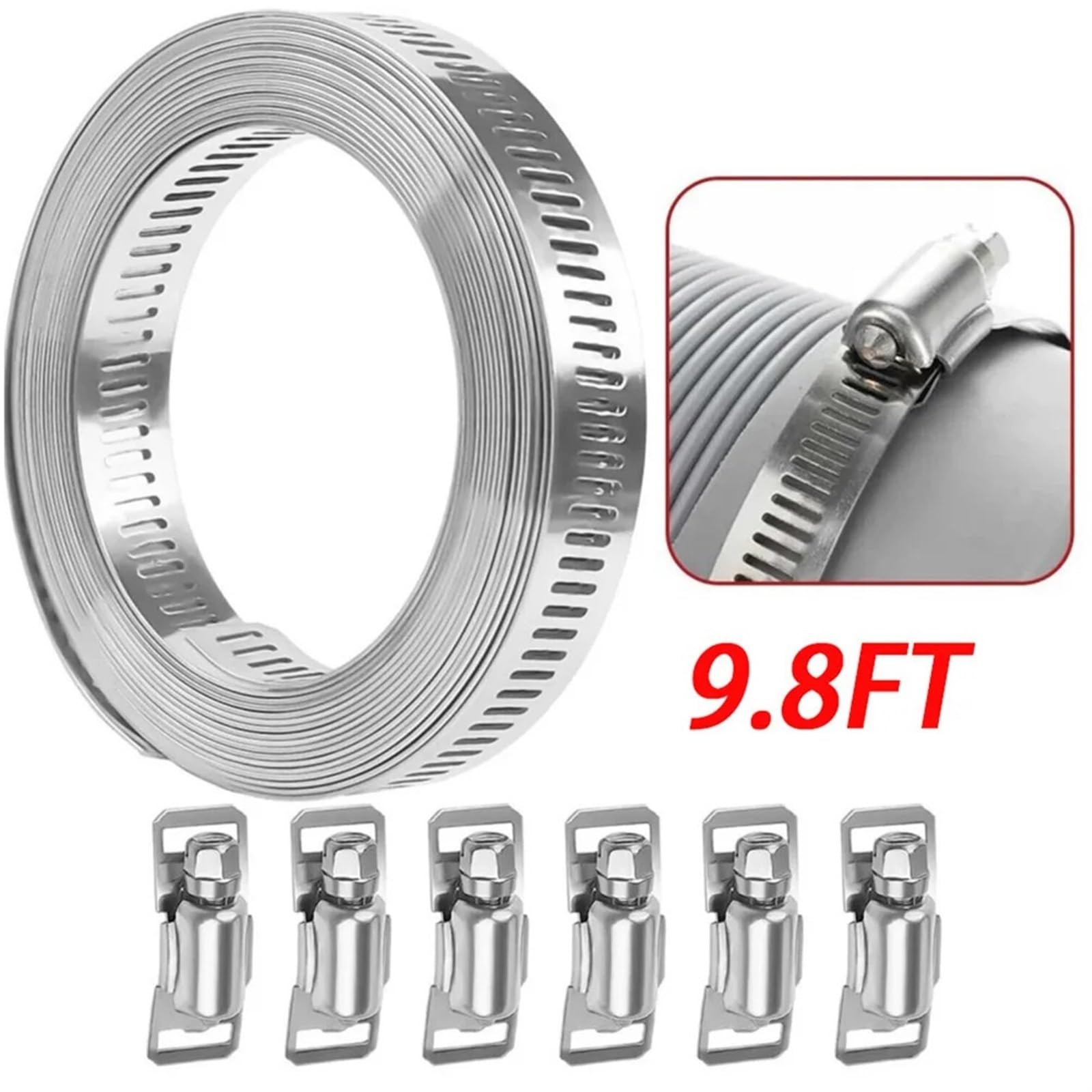 Colliers de serrage réglables de 9,8 pieds, grands colliers de serrage à vis sans fin en acier inoxydable avec 6 attaches, pince de plomberie, kit de colliers de serrage robustes Collier De Serrage
