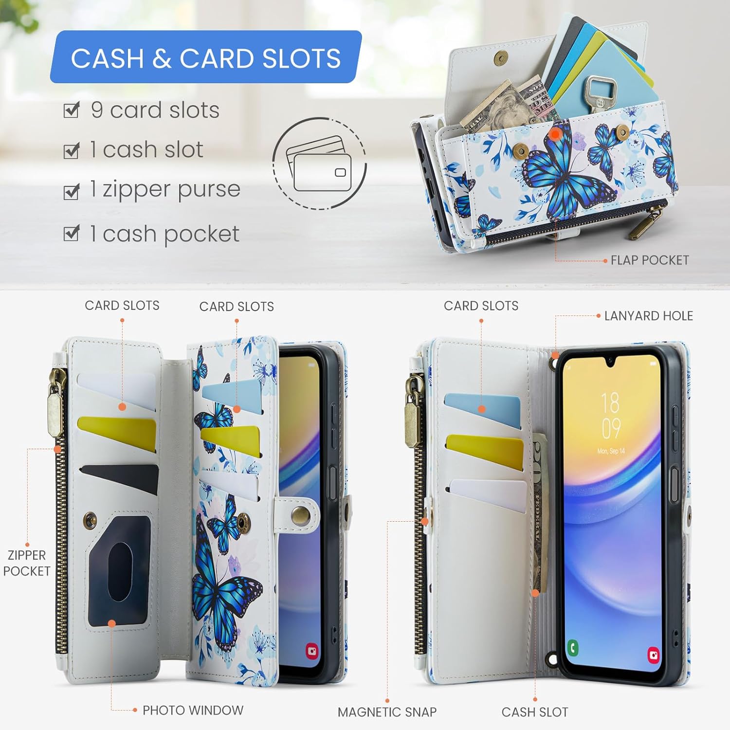 for Samsung Galaxy A16 Case Wallet with RFID Blocking Card Holder Colored Drawing PU Leather Magnetic Snap Flip Zipper Strap Wallet Phone Case Fit for Galaxy A16,Aurora Butterfly