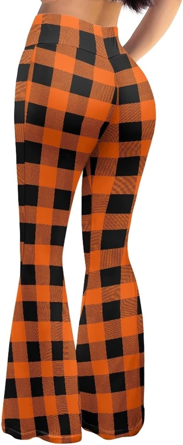 Women's High Waist Stretch Bell Bottom Slim-Fit Flare Leg Hippie Pants Cute Buffalo Plaid Stripes Leggings