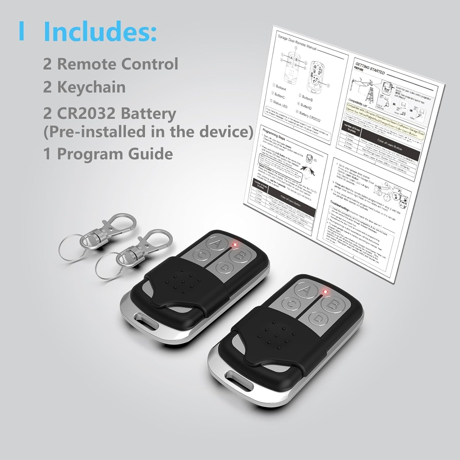 Contents of the Acvoce garage door remote package, including two remotes, two keychains, two CR2032 batteries, and a program guide.