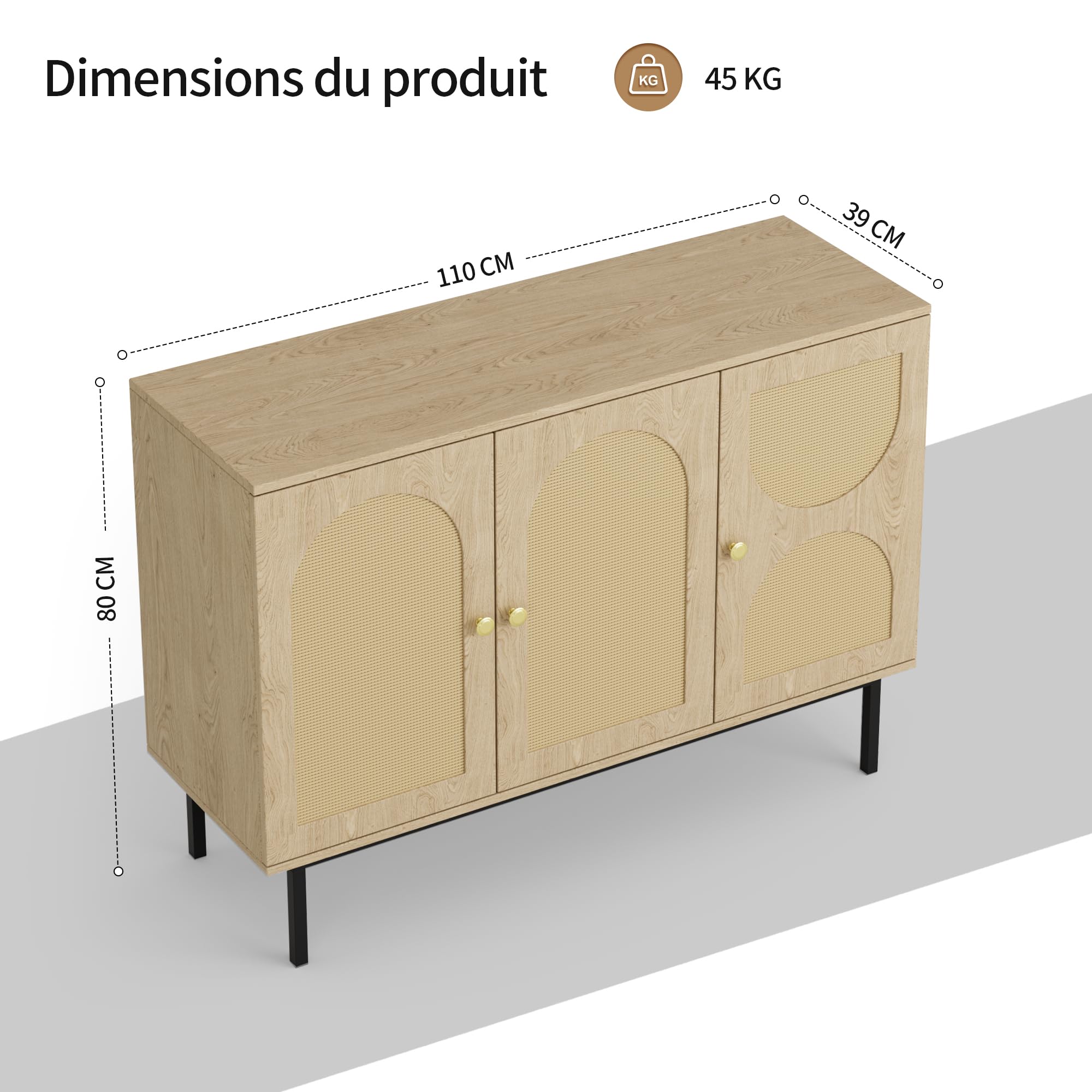 BonVache Buffet en rotin, Armoire de Cuisine avec 3 Portes, Commode avec étagères réglables, Buffet de Salle à Manger, Armoire de Rangement pour Cuisine, Salle à Manger, Salon