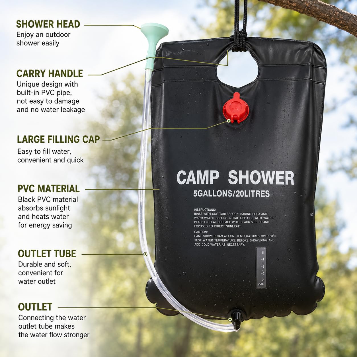 Bolsa de ducha solar portátil de 5 galones/20 litros, calefacción solar a prueba de fugas, ducha de campamento con cabezal de ducha ajustable de encendido/apagado y ventana de nivel de agua