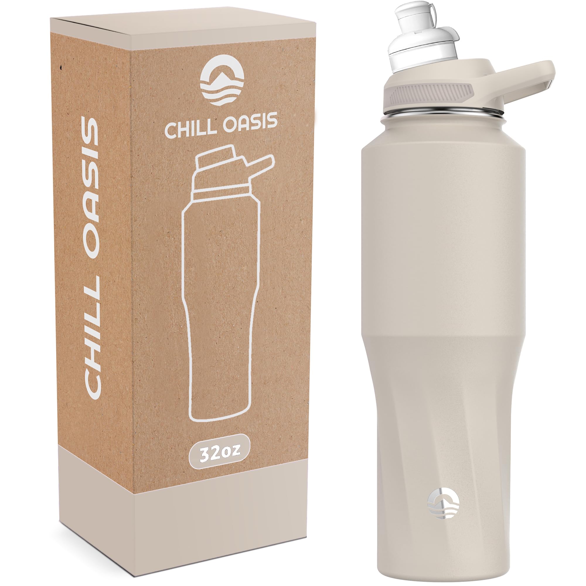 Water Bottle | Compatible With Popular Flavor Cartridges | BPA Free, Leak Proof, Double-Walled Vacuum Insulated Stainless Steel, and Dishwasher Safe | Cold for 24 Hours (Beige, 32oz)